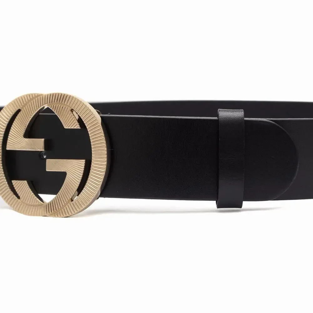 570$ GUCCI Black Leather Belt Gold-Tone Textured Interlocking GG Buckle 85/34